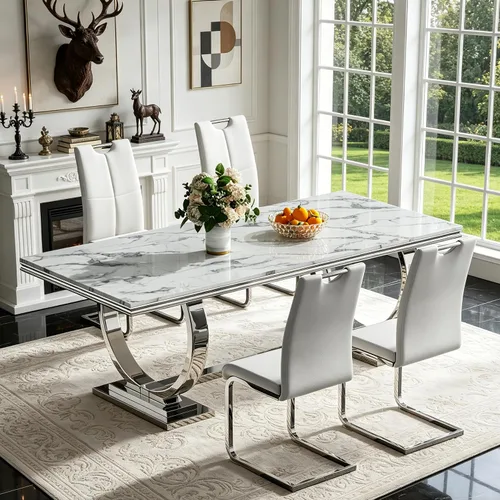 Vista 10 de 5 Piece Black Marble Dining Table Set for 4, Modern Faux Marble Kitchen Dining Room Tables with 4 Leather Chairs Set, 68.11" Luxury Rectangular