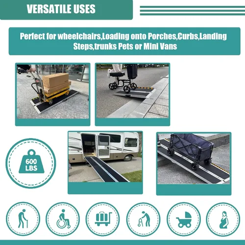 Vista 6 de Rampa plegable portátil de aluminio antideslizante para silla de ruedas, rampa de umbral con una superficie antideslizante, rampa