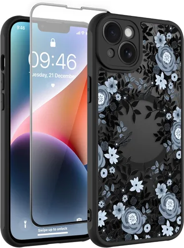 Vista 10 de Magnético para iPhone 13 con protector de pantalla [Compatible con MagSafe] Diseño de patrón floral de flores bonitas, funda delgada a prueba