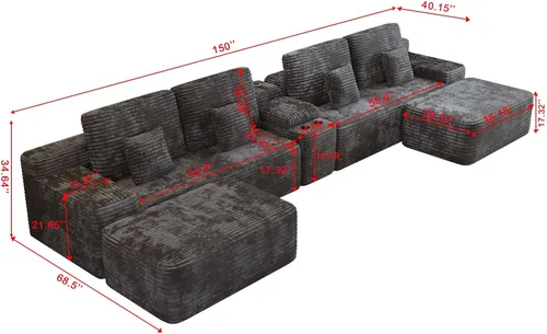 Vista 2 de KEIKI 150" Sofá seccional modular de gamuza en forma de U extragrande con 2 otomanos y consola multifuncional, sofá tapizado de 6 plazas con USB y 2