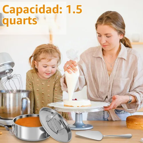 Vista 8 de Molde de flan de acero inoxidable con capacidad de 1.5 cuartos de galón con tapa y espátula, recipientes redondos para flan de 6 a 8 cuartos
