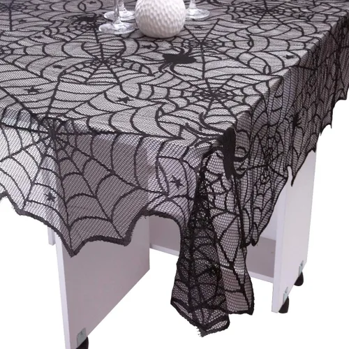 Vista 3 de Rockcloud Mantel rectangular de encaje de poliéster para decoración de Halloween, cenas, 71 x 53 pulgadas 71 x 53 inches, Black Spider Web Table