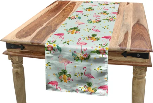 Vista 17 de Lunarable Camino de mesa tropical y manteles individuales, acuarela tucán loro flamenco piñas y flores silvestres sobre rombo, juego para decoración