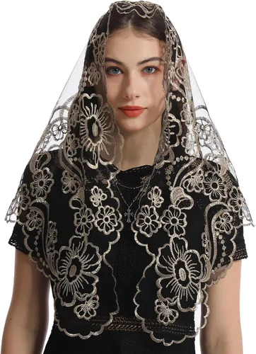 Vista 4 de Bozidol Cubierta triangular para cabeza de iglesia - Velo bordado Madonna Camellia Capilla Veil para mujer