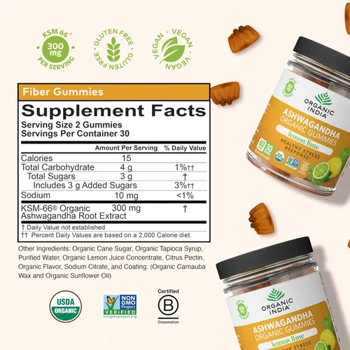Vista 6 de ORGANIC INDIA Ashwagandha - Gomitas para hombres y mujeres, suplemento para el estrés, raíz de Ashwagandha KSM-66, extra fuerte, masticables