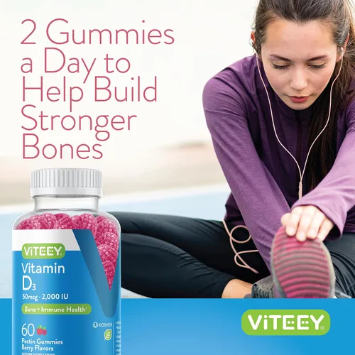 Vista 6 de Viteey Gomitas de vitamina D3 para adultos y adolescentes, 2,000 UI, 50 mcg, fuerza regular, salud muscular, refuerzo inmunológico, gomitas