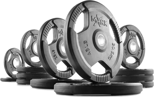 Vista 8 de XMARK TRI-GRIP - Par o juego de discos de peso olímpicos, pesas de ejercicio con revestimiento de goma para barra olímpica, juego de pesas de 01)
