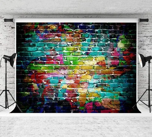 Vista 3 de Fondo de fotografía de pared de ladrillo colorido de 9 x 6 pies, fondos de graffiti de vinilo para adultos y niños, retrato de fondo, accesorios