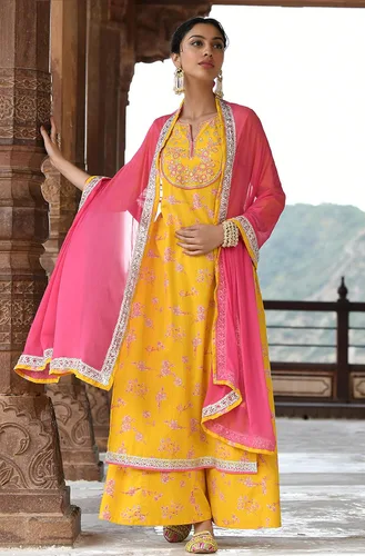 Vista 4 de Janasya Kurta bordada de algodón amarillo para mujer india con palazzo y dupatta