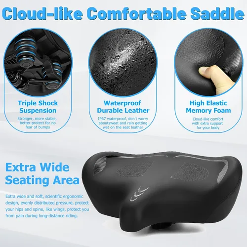 Vista 3 de CDYWD Asiento de bicicleta de gran tamaño para hombres y mujeres, cojín de asiento de bicicleta extra ancho, cómodo acolchado de ala, sillín