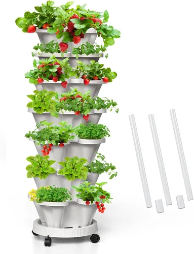 Vista 9 de Macetas verticales de fresa, paquete de 2 unidades, torre apilable de 5 niveles con poste de soporte, macetas apilables para hierbas y verduras