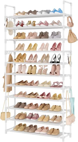 Vista 10 de LANTEFUL Zapatero de 10 niveles, 50 pares, organizador de zapatos alto de gran capacidad, almacenamiento de zapatos resistente con dos ganchos