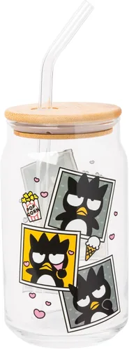 Vista 39 de Silver Buffalo Sanrio - Vaso de vidrio con tapa de bambú y sorbete de vidrio de fotos de Badtz-Maru, 16 onzas