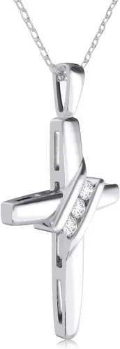Vista 3 de Collar con colgante de cruz de tres piedras de diamantes de 10 quilates (0.05 cttw, I-JI2-I3) de 18 pulgadas, Diamante y oro, Diamante