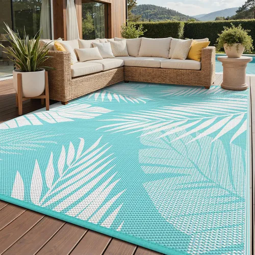 Vista 21 de GENIMO - Alfombra para exteriores de 6 x 9 pies, para patio, espacios amplios, reversible, de pajillas de plástico, alfombra impermeable para Azul
