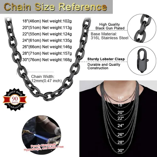 Vista 6 de ChainsHouse - Collar cubano para hombre y mujer, 3mm5mm7mm9mm12mm de ancho, acero inoxidablemetal negrochapado en oro de 18 quilates, 18-30 pulgadas