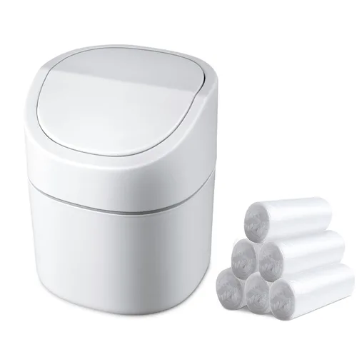 Vista 8 de Mini Cubo de Basura de Escritorio con Tapa con Bolsas de Basura 180 Piezas, Cubo de Basura Pequeño de Cubierta Plástica con Tapa Giratoria para Azul