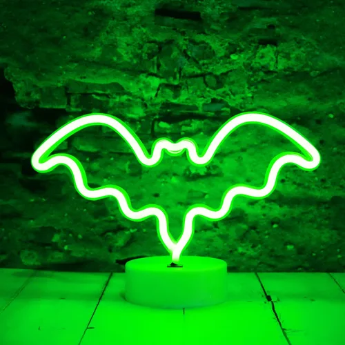 Vista 10 de Luces LED de murciélago de neón moradas, letreros de neón en forma de murciélago, luces nocturnas a pilas, lámpara de mesa de escritorio