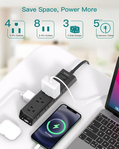 Vista 2 de Cable de extensión de pared plano - Regleta protectora de sobretensiones con 12 tomas, 5 pies, extensor de salida con múltiples tomas, montaje