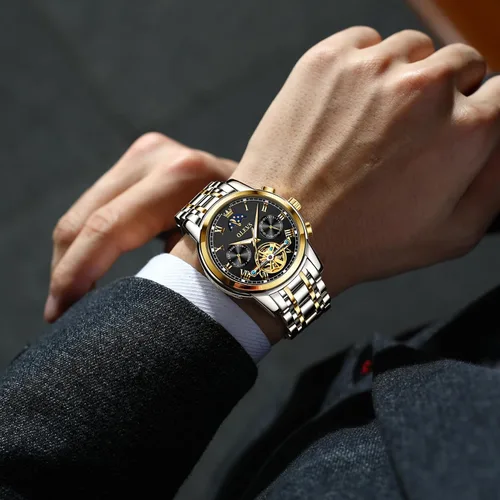 Vista 2 de OLEVS Relojes mecánicos automáticos para hombre, cuerda automática, impermeable, de acero inoxidable, reloj de pulsera de lujo costoso, pulsera