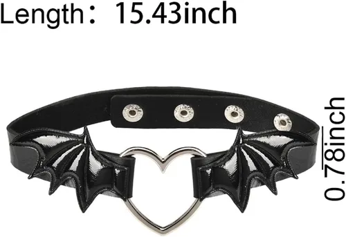 Vista 7 de Ancnoz Gargantilla de murciélago de Halloween, collar gótico de cuero negro, ajustable, con alas de murciélago y corazón, collar gótico
