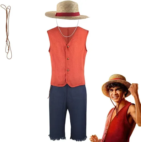 Vista 2 de 2023 Movie Costumes Halloween Luffy Cosplay Costume Monkey D Luffy Classic Costume with Straw Hat