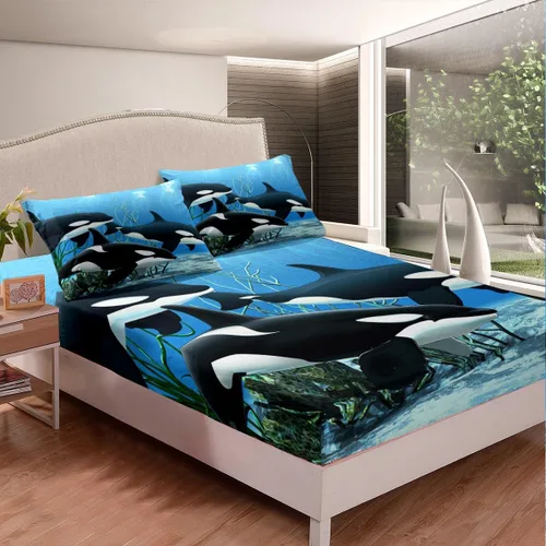 Vista 4 de Erosebridal Juego de ropa de cama de orca asesina Orcinus Orcas, sábana bajera ajustable de medusas del mundo submarino para niños y niñas, animales