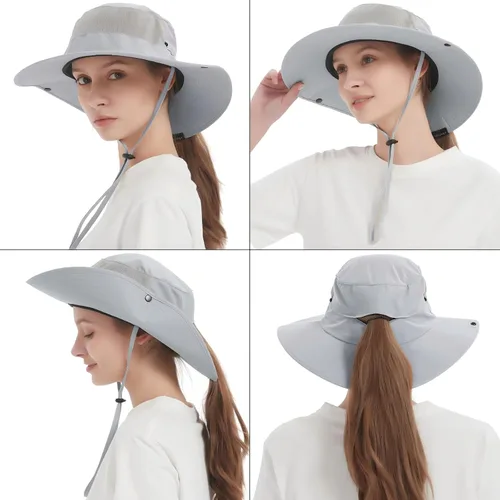 Vista 8 de Cooling Sun Bucket Hat, UPF 50+ Wide Brim Boonie Hat with Ponytail Hole 01 Gris claro