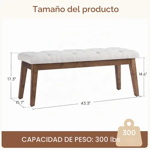 Vista 2 de HUIMO Upholstered Bench, Button Tufted Dining Bench (Beige) con patas de madera maciza, banco de extremo de cama para dormitorio, entrada, sala