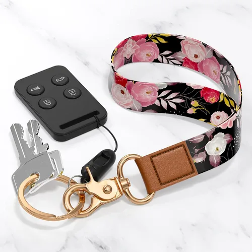 Vista 3 de Cordón de muñeca para llaves, lindo cordón de correa de muñeca, soportes para llavero, llavero de pulsera, correas de muñeca para llaves Flor negra