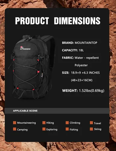 Vista 3 de MOUNTAINTOP Mochila de senderismo de 18L, mochila ligera para exteriores Negro-18L
