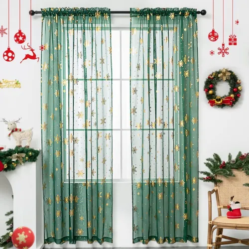 Vista 15 de Cortinas traslúcidas de Navidad para sala de estar, cortinas transparentes con estampado de copos de nieve de lujo, cortinas con bolsillo