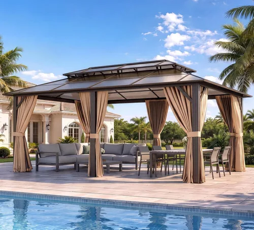 Vista 13 de Aoxun 10'x10' Outdoor Gazebo with Polycarbonate Roof Khaki Single Roof Caqui