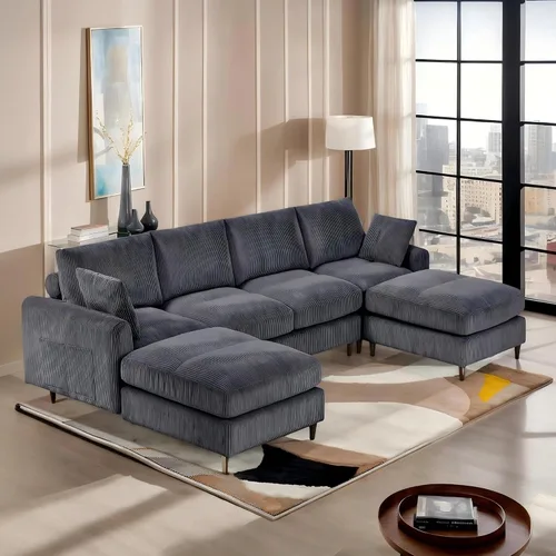 Vista 10 de Anwick Sofá modular en forma de L de 117 pulgadas, moderno sofá modular de pana con otomana movible de 5 asientos, sofás seccionales convertibles
