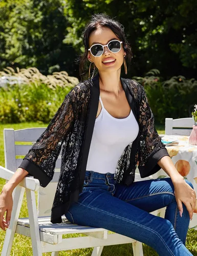 Vista 3 de Zeagoo - Chaqueta de ganchillo de encaje para mujer estilo informal con mangas 34 y fundas transparentes