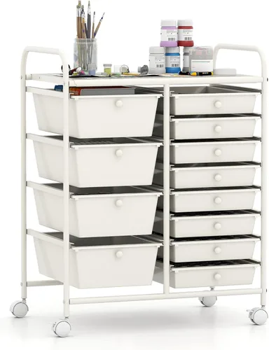 Vista 20 de Giantex - Carro de almacenamiento con ruedas, 10 cajones, organizador para papelería, oficina o escuela (Beige+Amarillo+Gris)