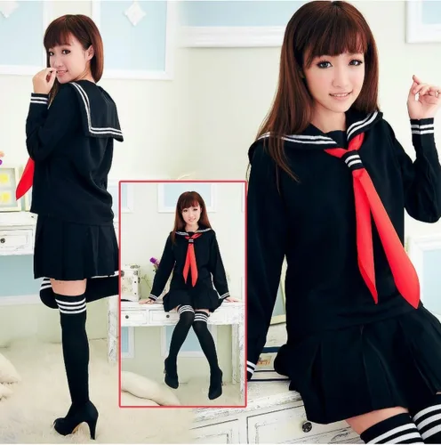 Vista 2 de Clásico uniforme japonés de Escuela, estilo marinero de niñas, conjunto de disfraz de anime cosplay con calcetas