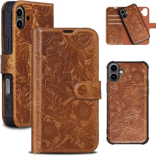 Vista 19 de Funda de cuero compatible con iPhone 16 Pro Max Cartera 6.9", cuero genuino 2 en 1, magnética, desmontable, a prueba de golpes, funda tipo folio