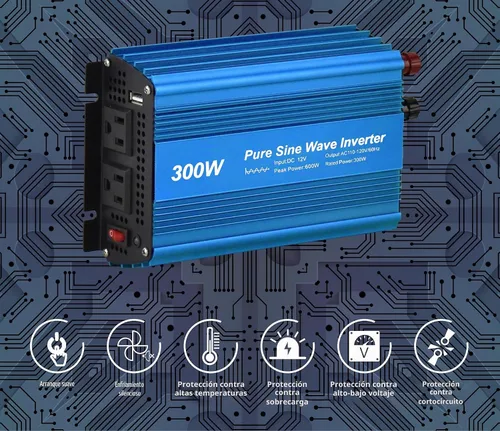 Vista 6 de Inversor de corriente de onda sinusoidal pura de DC 12V a AC120V de 300W con salida de enchufes dobles y salida USB de DC 5V 2 amperios. Ideal