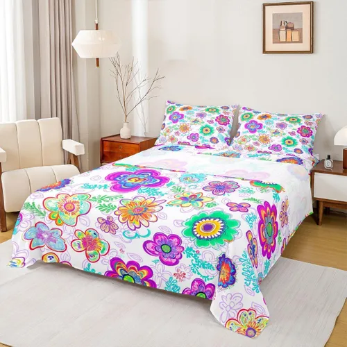 Vista 18 de Juego de sábanas de flores Groovy de los años 70, tamaño individual, para niños y niñas, fresco, vintage, bohemio, floral, para mujer, Halloween