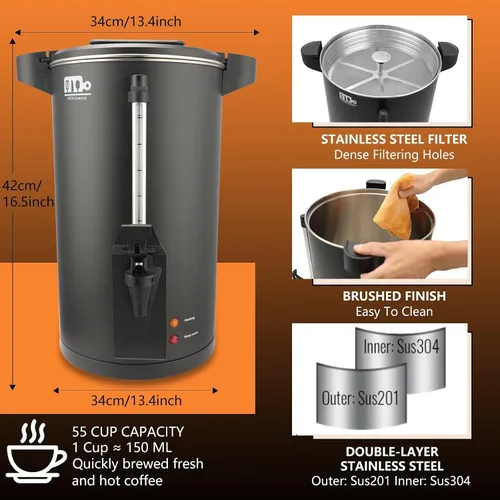 Vista 9 de Urna de café comercial de 30 tazas 6L, Cafetera de percolado de doble pared de 750W de Festa Essential, urna de agua caliente de acero inoxidable