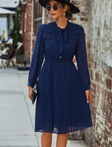 Vista 3 de HAOKEKE Vestido de gasa de manga larga para mujer, vestido de gasa retro con cuadrícula marrón, botones plisados, lazo hacia abajo, vestido de mujer
