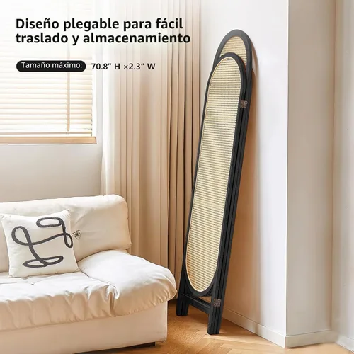 Vista 4 de Divisor de habitación de 3 paneles, divisor de habitación de ratán tejido a mano con marco de madera, pantalla de privacidad plegable de diseño