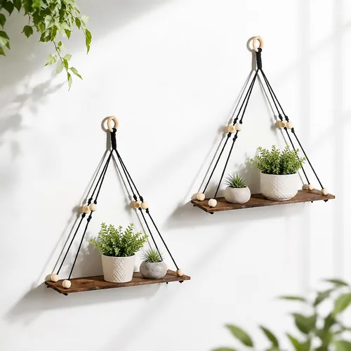 Vista 14 de Artilady Paquete de 2 estantes de madera para colgar en la pared, estantes flotantes bohemios, estante de plantas de macramé blanco, estante