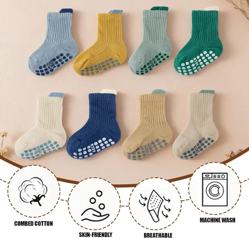 Vista 3 de 8 pares de calcetines de algodón antideslizantes para niños y niñas, recién nacidos, calcetines de algodón con agarres 0-3T