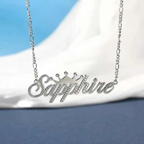 Vista 2 de Drawelry Collar con nombre personalizado de dos tonos con placa de oro de 18 quilates, chapado en doble corazón, placa con dije de placa de nombre