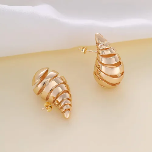 Vista 7 de Apsvo Aretes de gota en espiral gruesos de oro, aretes colgantes ligeros, aretes de lágrima de moda, hipoalergénicos, chapados en oro, joyería