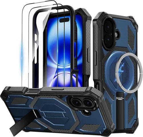 Vista 16 de Funda magnética para iPhone 15 con soporte y protector de pantalla [compatible con Magsafe] antideslizante, cuerpo completo, doble capa, resistente