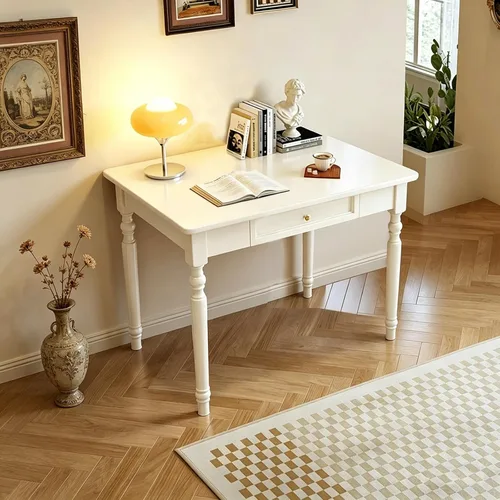 Vista 13 de Escritorio de madera maciza con cajones, pequeño escritorio con cajones para computadora, escritorio de PC para trabajo, estudio o juegos, fácil