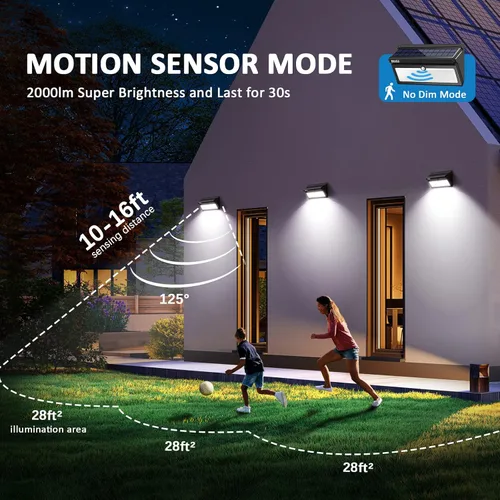 Vista 4 de Luces solares para exteriores, impermeables, 100 luces LED con sensor de movimiento solar con gran angular súper brillantes luces de pared